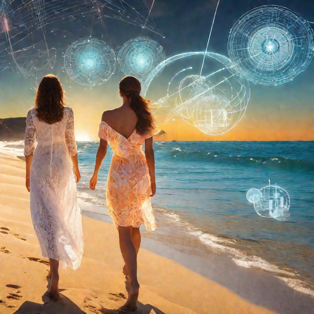 Две девушки на солнечном пляже обсуждают математические функции, изображенные в воздухе при помощи светящихся схем