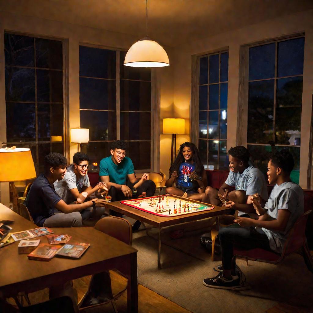 Студенты играют в настольную игру в комнате отдыха общежития ночью