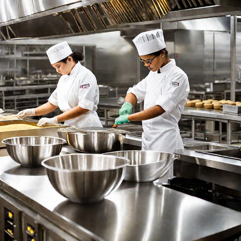 Несколько студентов в форме поваров и колпаках готовят тесто в современной учебной кухне-лаборатории с блестящим нержавеющим оборудованием