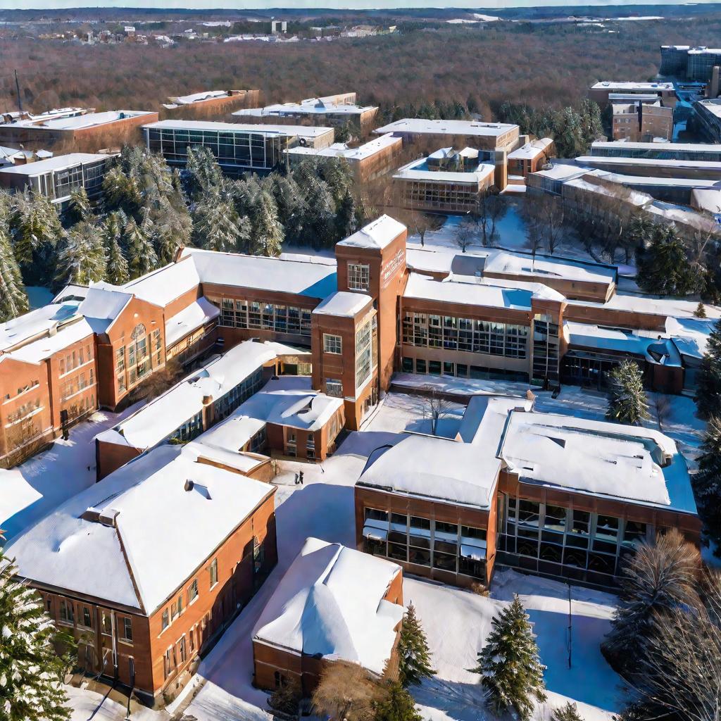 Вид колледжа с высоты птичьего полета зимним солнечным утром после снегопада. Студенты идут на занятия между современными зданиями комплекса