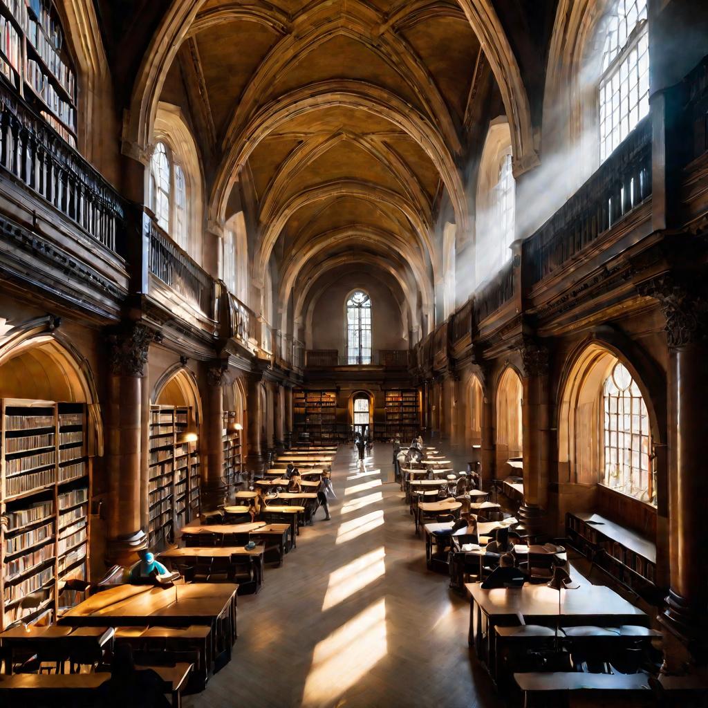 Библиотека университета с лучами света в пыли
