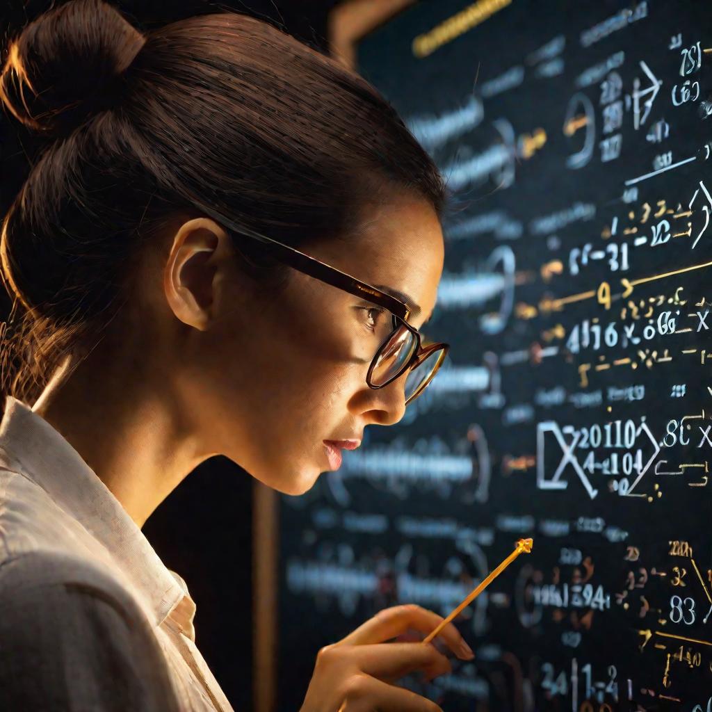 Женщина в очках изучает сложные формулы и математические выражения на доске с интенсивной концентрацией. Числа и переменные, соединенные множеством стрелок и символов, светятся ярким золотистым светом на темном фоне. Съемка крупным планом.