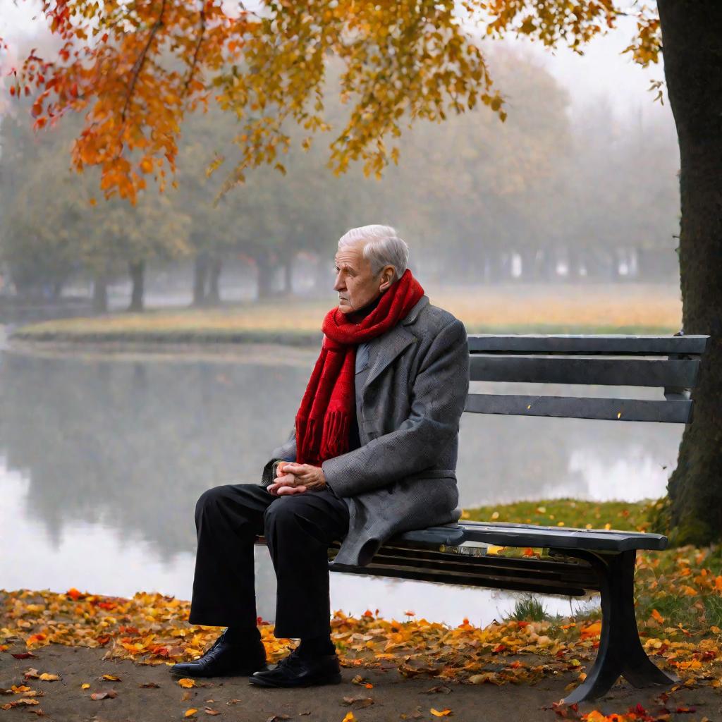 Пожилой мужчина на скамейке в парке проверяет пульс