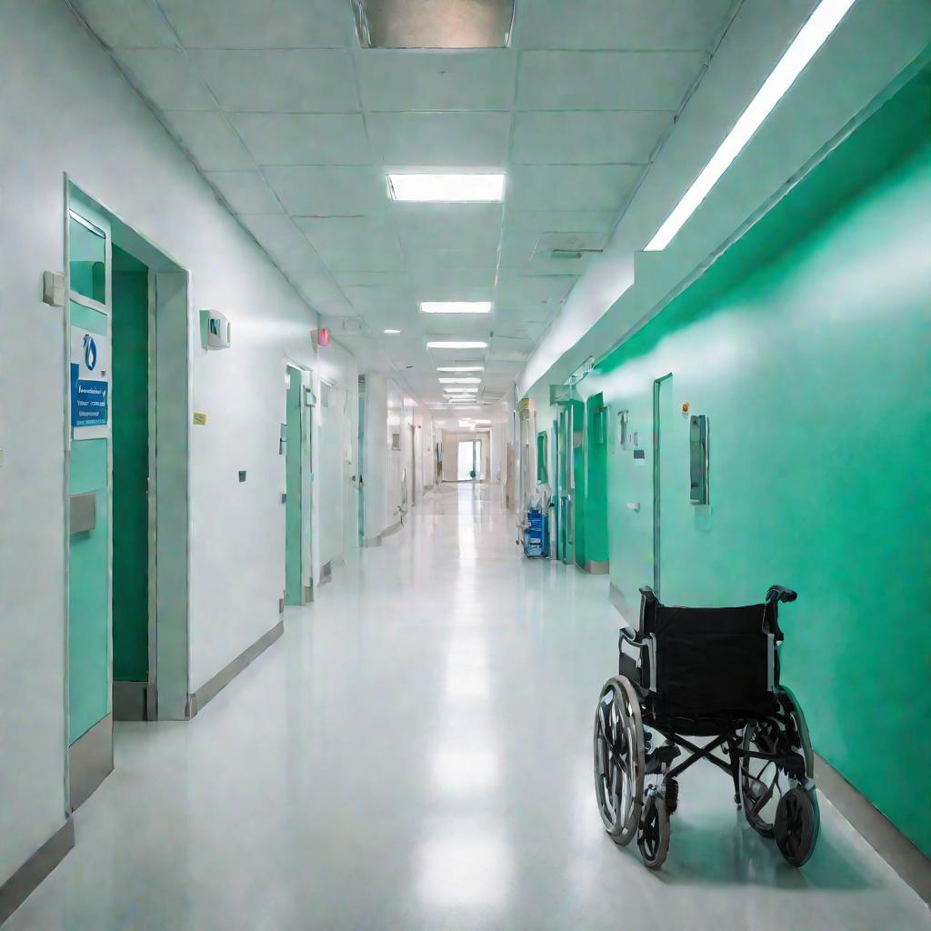 Вид сверху на больничный коридор с коляской у стены