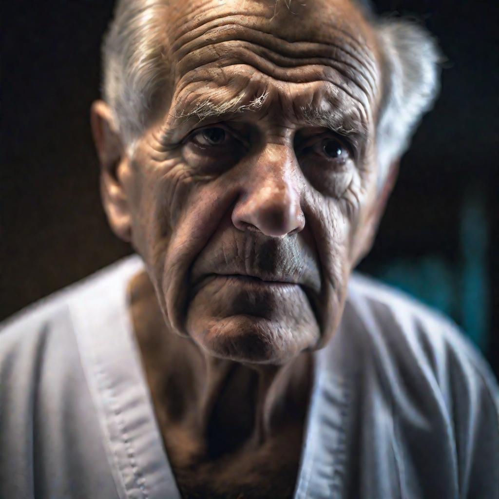 Пожилой мужчина с болевой гримасой в больничной одежде