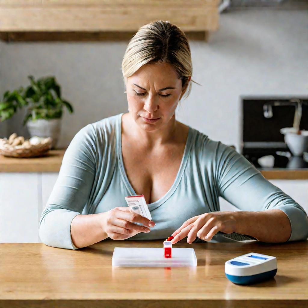 Беременная тестирует уровень сахара в крови дома