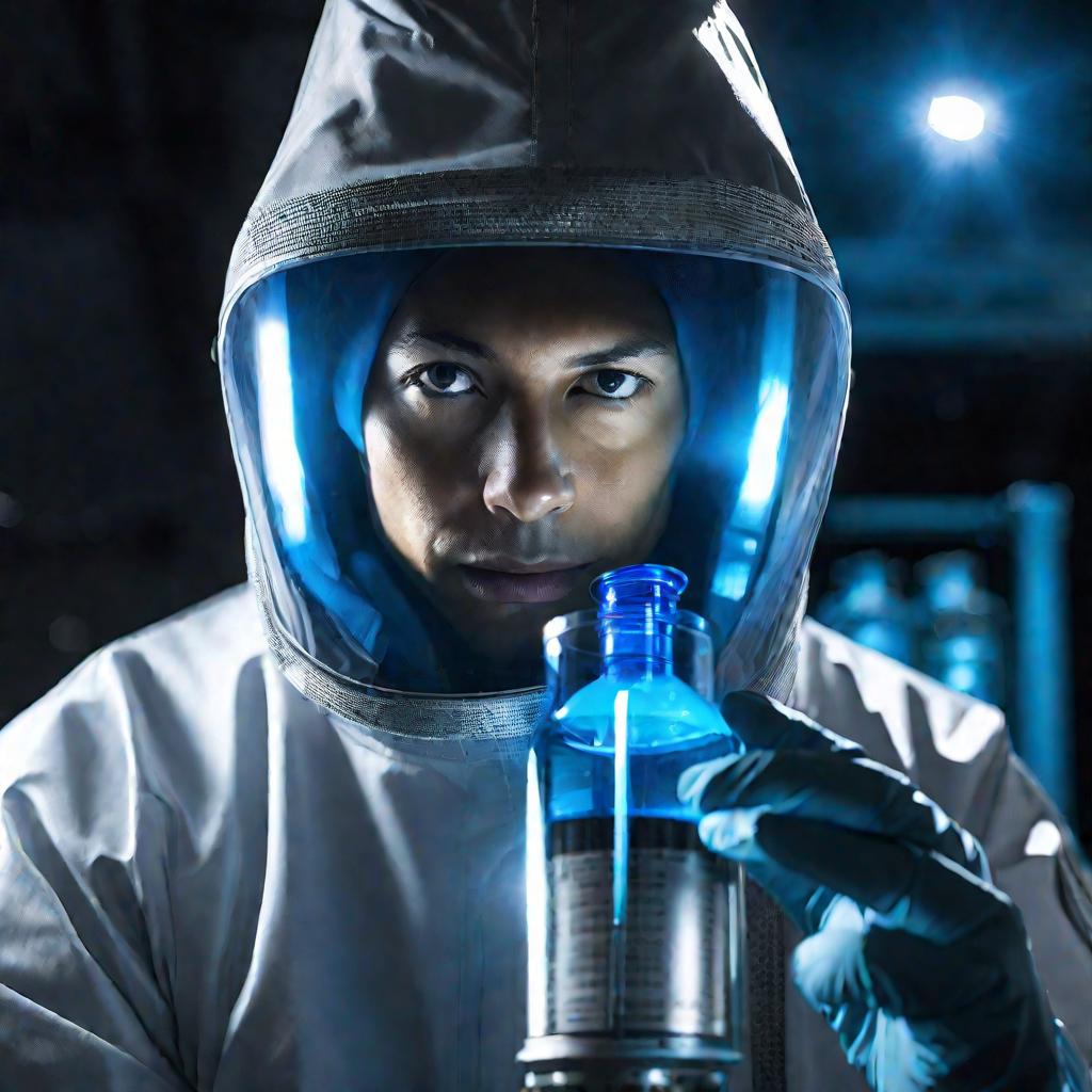 Ученый в защитном костюме держит светящийся флакон с жидкостью голубого цвета, содержащей вновь открытый изотоп натрия-39