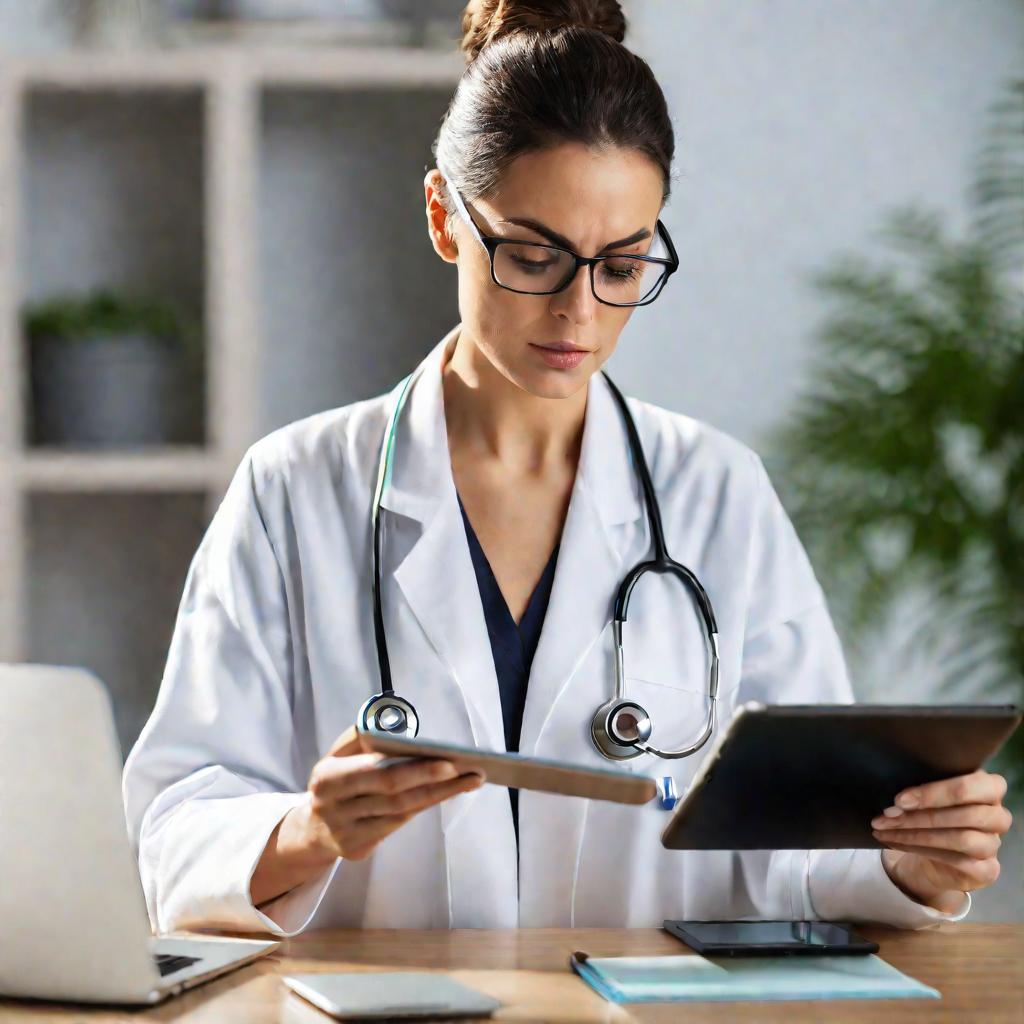 Портрет молодого женского доктора в белом медицинском халате, держащего современный планшет и анализирующего медицинские данные во время работы из дома