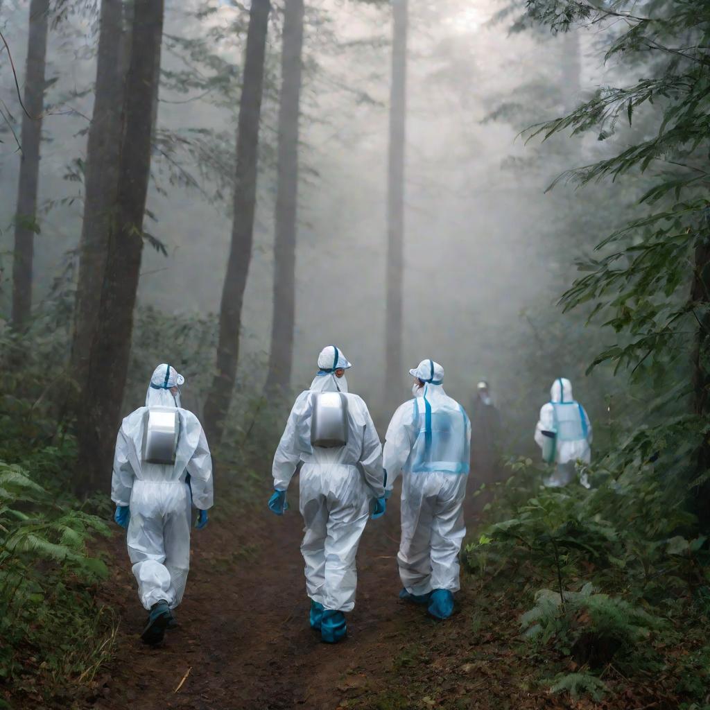 Вид сзади медицинской команды в защитных костюмах и масках, идущей на рассвете в туманный лес, чтобы провести полевые исследования и собрать биологические образцы для эпидемиологического исследования после вспышки заболевания