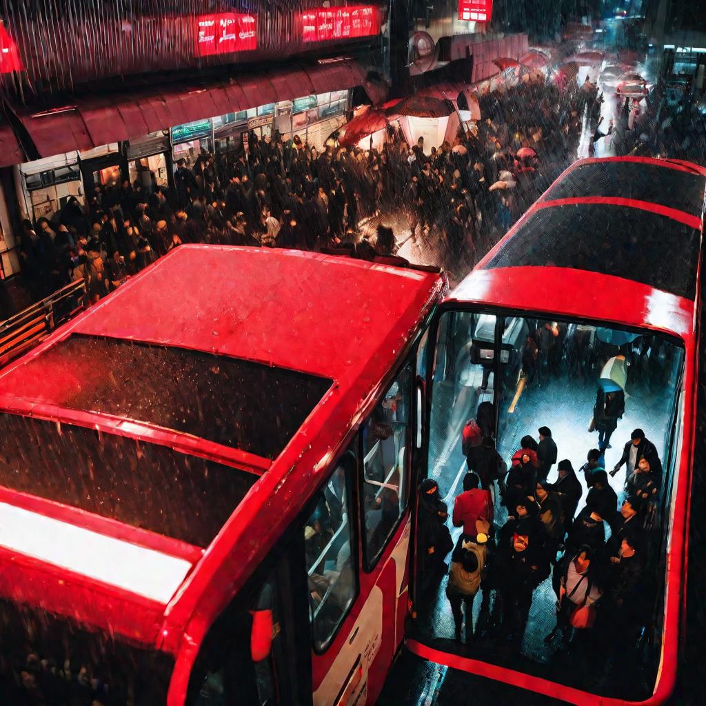 Вид сверху внутри переполненного дождливым вечером автобуса в час пик на светящийся красный указатель аварийного выхода над головами стоящих пассажиров.