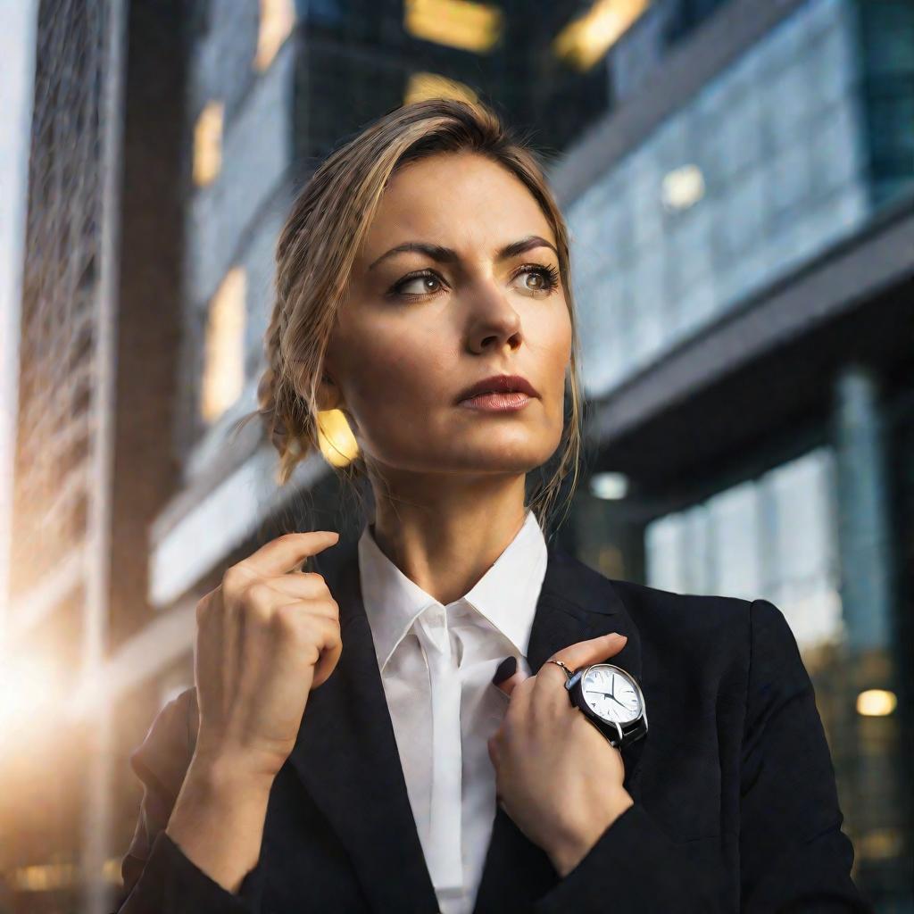 Портрет женщины в деловом костюме, сосредоточенно смотрящей на часы и проверяющей время. На заднем фоне видны часы на здании с другим временем.