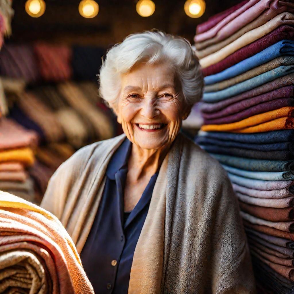 Портрет пожилой женщины в магазине тканей