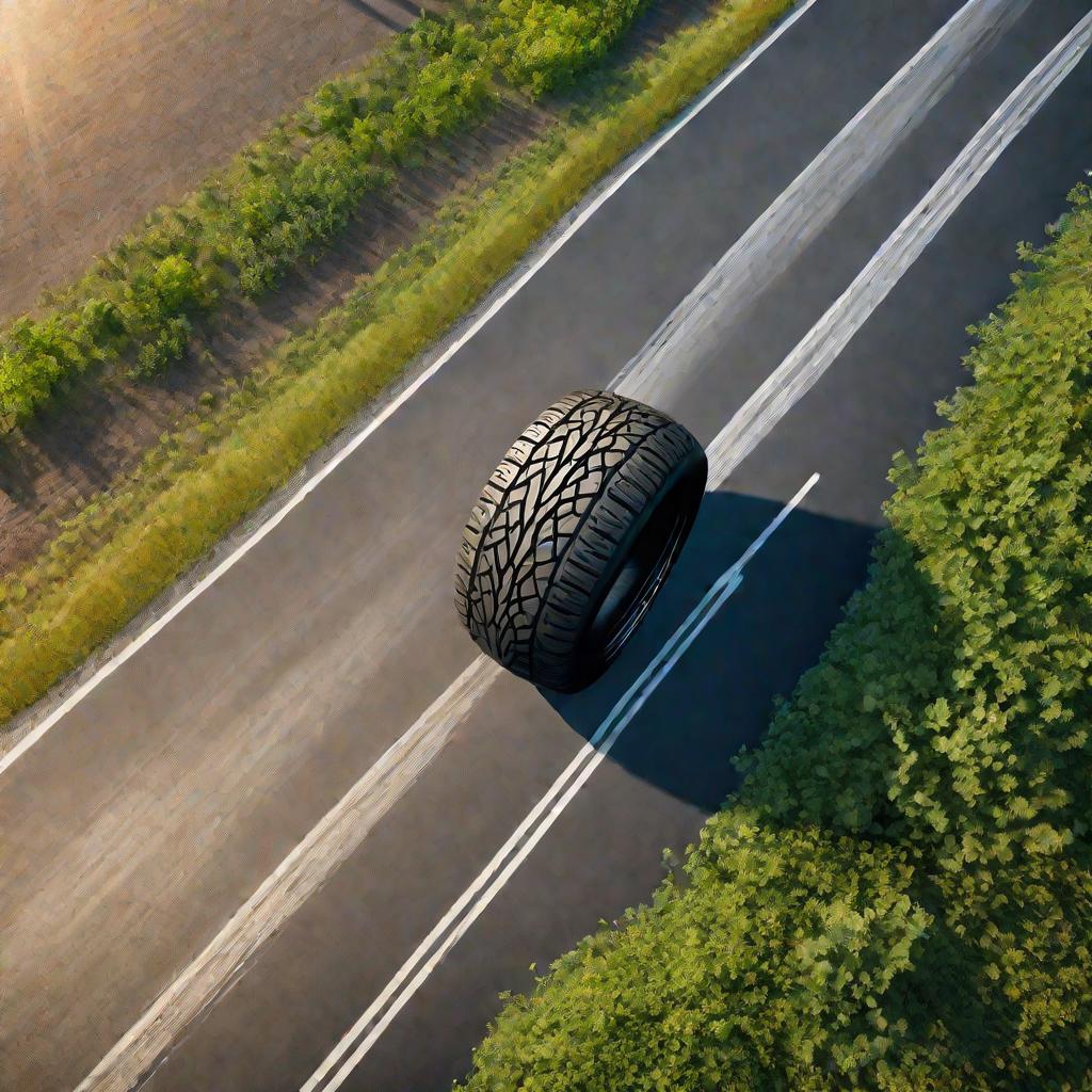 Вид сверху на катящуюся шину на дороге в солнечный летний день, демонстрирующий детальную текстуру протектора, сжимающегося на земле с частичными следами и испускающего реалистичное марево
