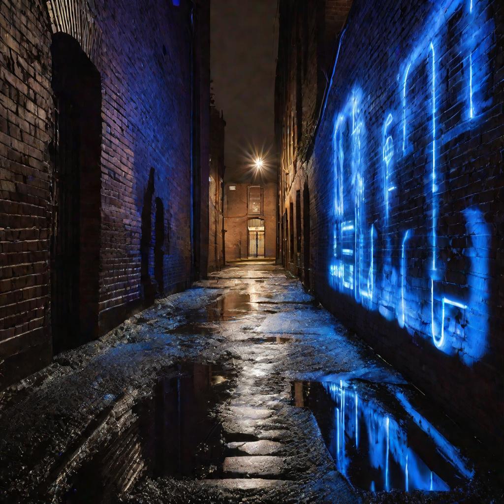 Ночной переулок между кирпичными домами. Мерцающий синий свет освещает замысловатые меловые математические символы на шершавой стене. Холодное сияние отражается в темных лужах на мокрой земле.