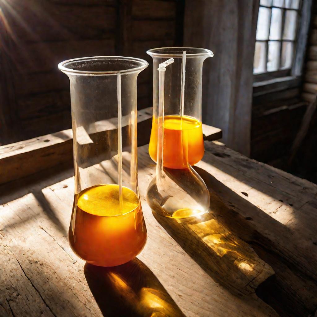 Два стеклянных сосуда на деревянном столе соединены пластиковыми трубками. В сосудах переливаются желтые и оранжевые жидкости. Солнечные лучи падают на установку.