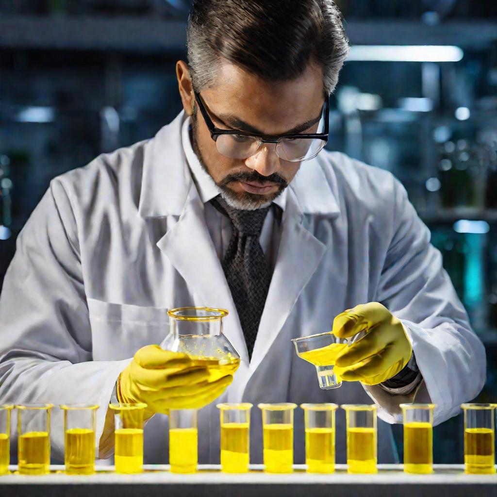 Ученый в белом халате и перчатках внимательно рассматривает колбу с желтым раствором и золотистыми кристаллами.