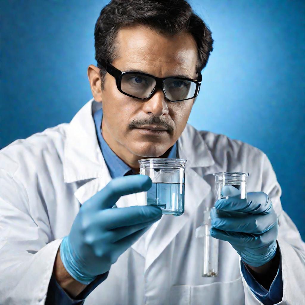 Портрет ученого в защитных очках и перчатках, держащего колбу с кристаллами нитрата серебра