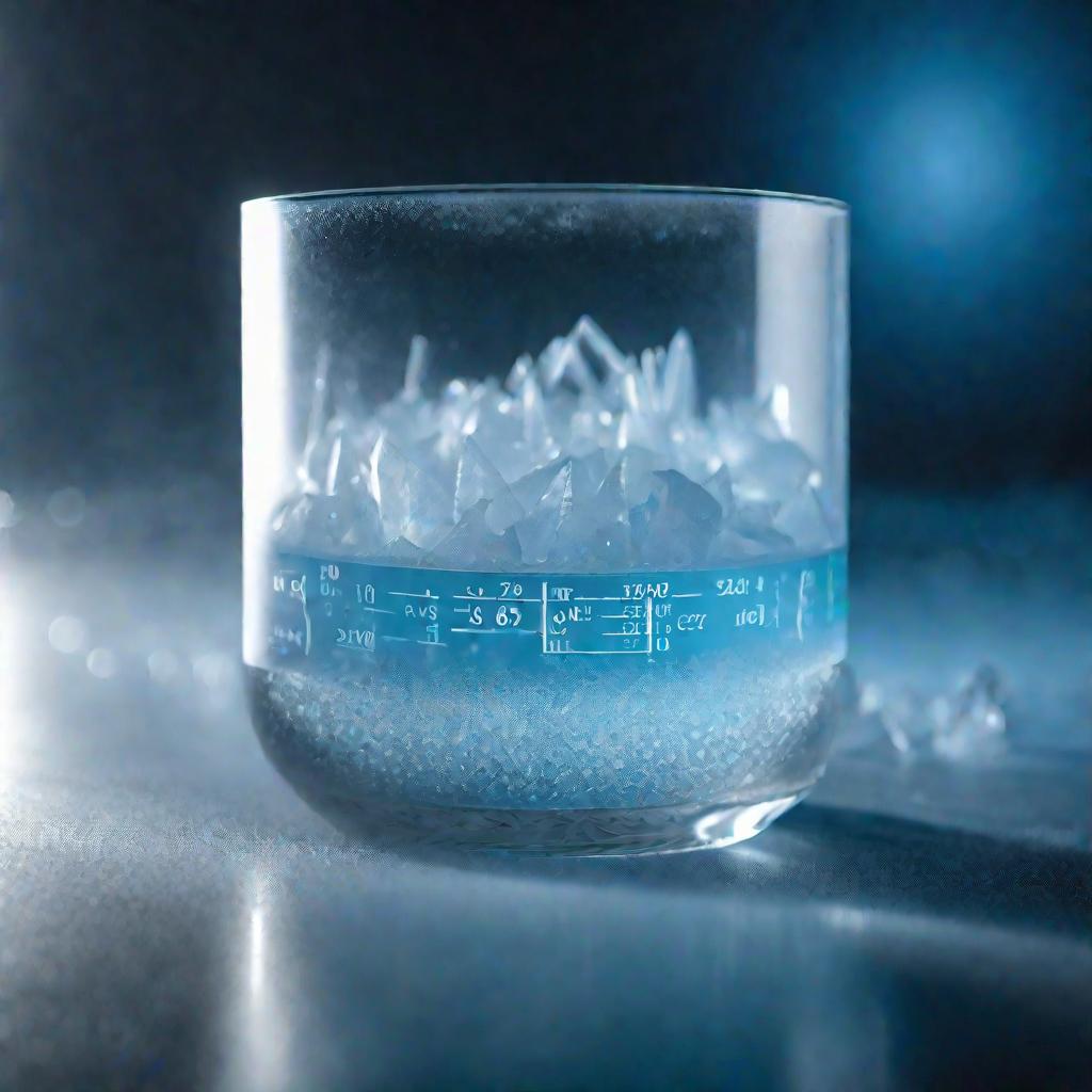 Формула идеального газа на стекле, светящаяся мистическим голубым светом, с кристаллами льда при низкой освещенности на заднем плане в тумане.