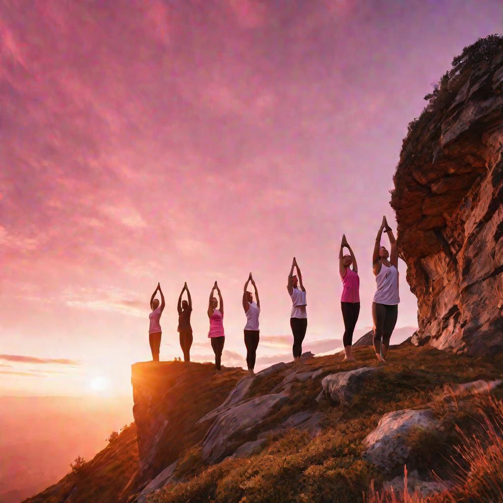 Группа людей делает йогу на горе на рассвете