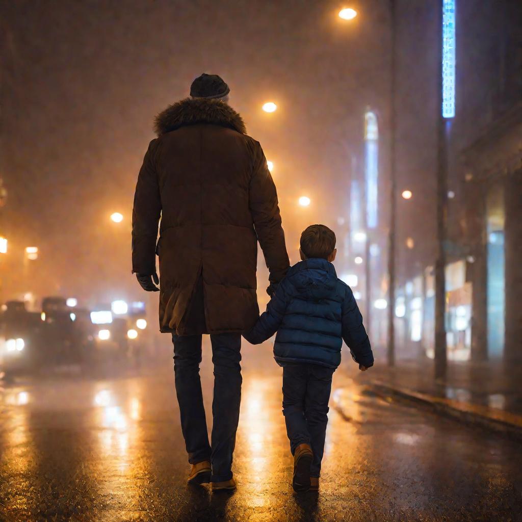 Отец и сын идут по улице вечером
