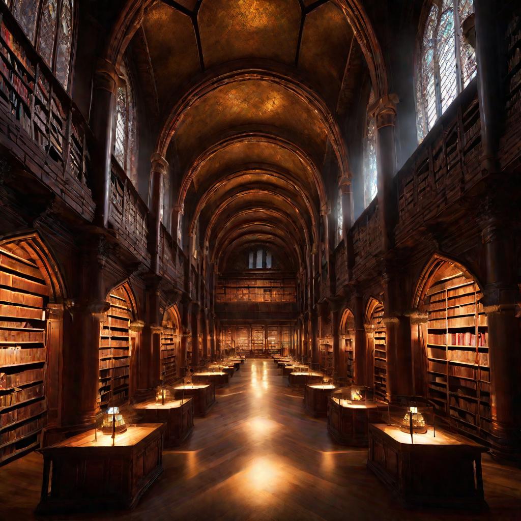 Вид сверху на огромную библиотеку с пыльными лучами света из арочных окон на потолке