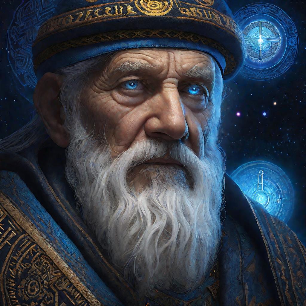 Портрет пожилого мудрого человека с голубым свечением на лице