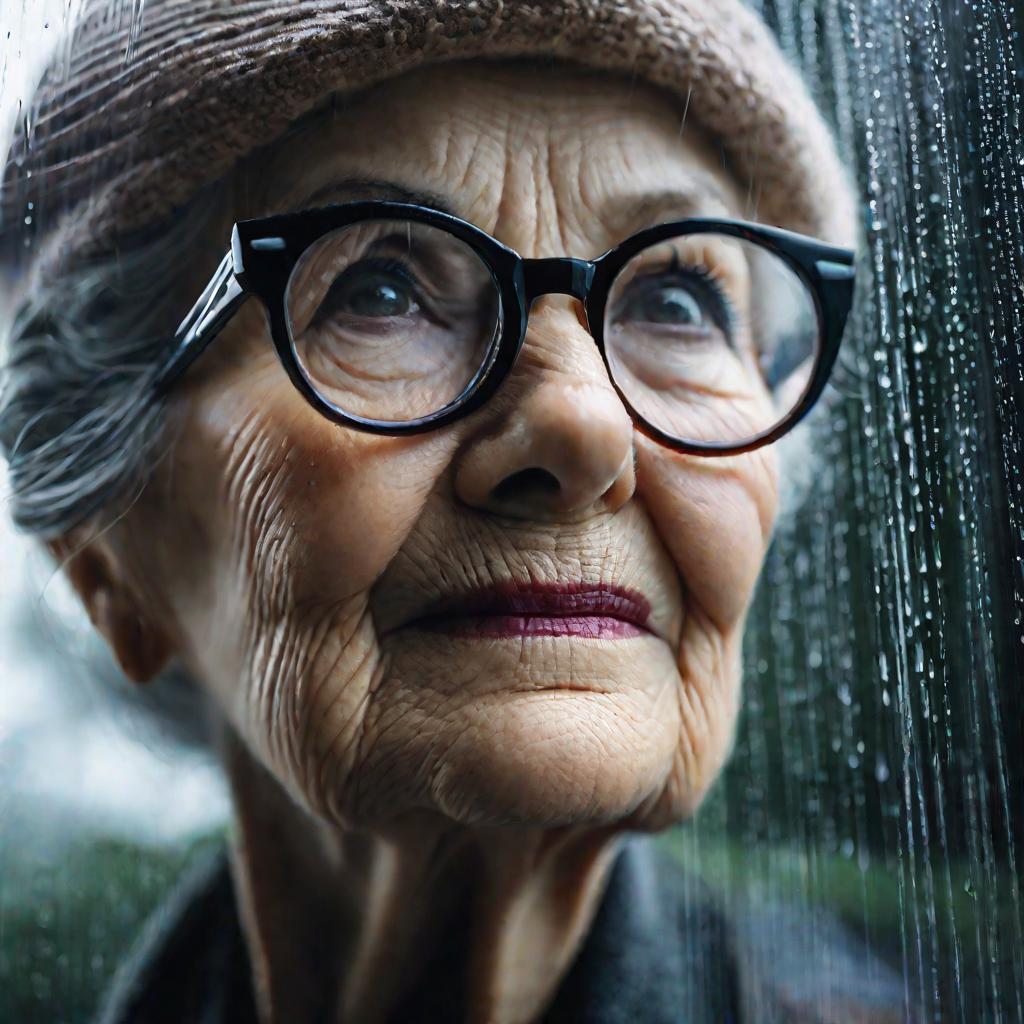 Портрет пожилой женщины в очках, мудро глядящей в дождливый день из окна, что символизирует жизненный опыт, ведущий к росту апперцептивных способностей