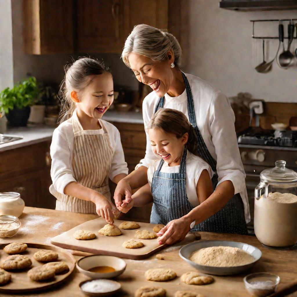 Мать и дочь весело готовят печенье на кухне, демонстрируя передачу знаний и традиций следующему поколению