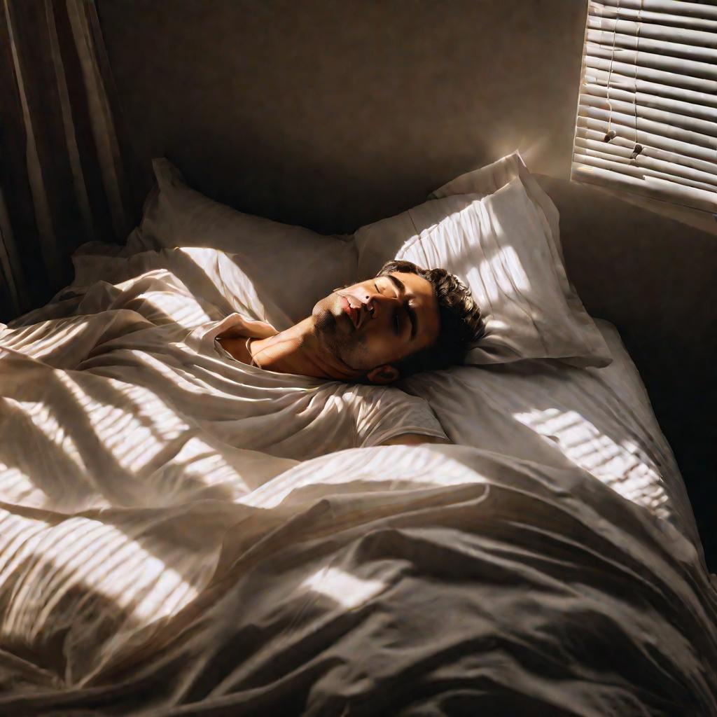 Молодой человек лежит в постели в беспорядочной темной спальне