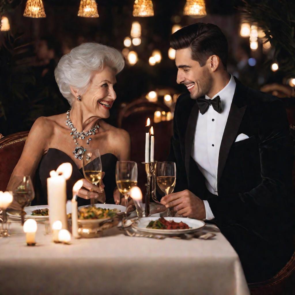 Молодой мужчина очаровывает пожилую богатую женщину за ужином