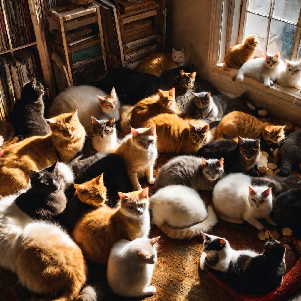 Комната, заполненная тридцатью кошками