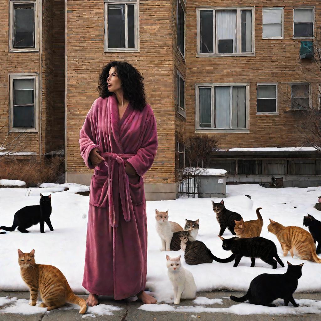 Женщина с кошками у дома зимним утром