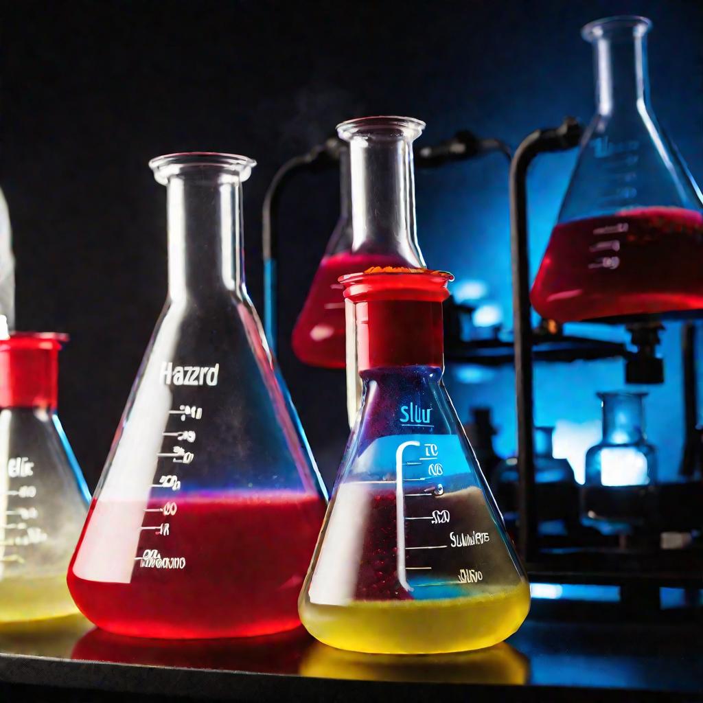 Три колбы Эрленмейера с жидкостями и кристаллами на освещенном столе химической лаборатории, демонстрирующие свойства серы