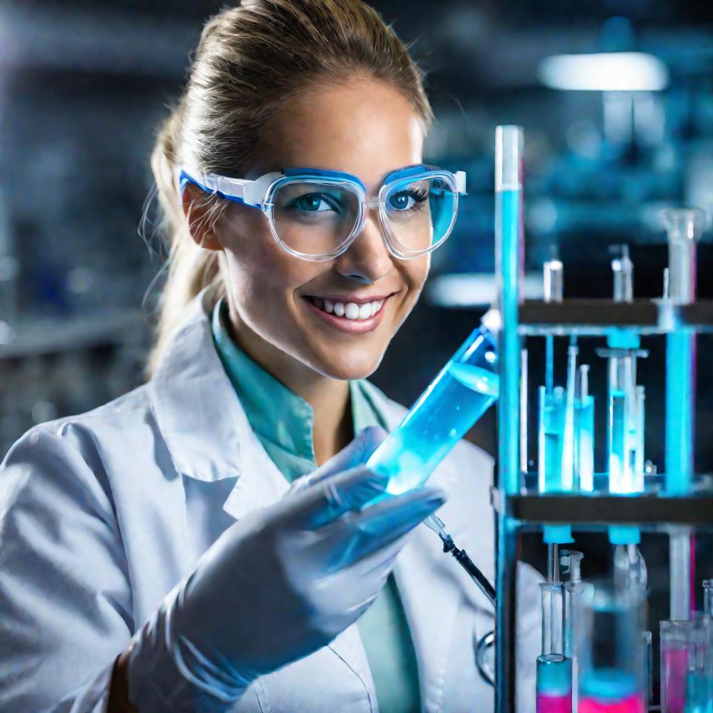 Женщина-химик держит пробирку с голубой светящейся жидкостью