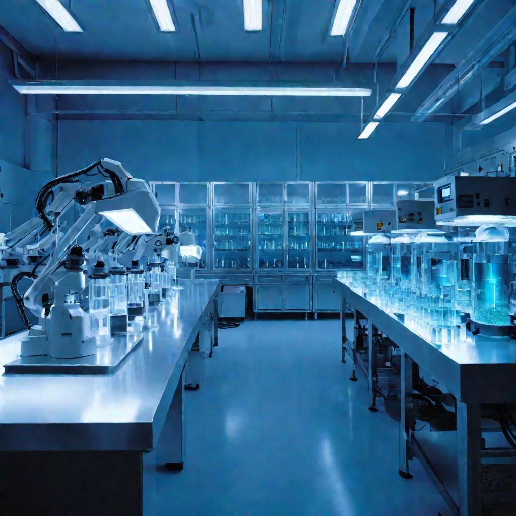 Лаборатория по производству солей алюминия в голубом свете