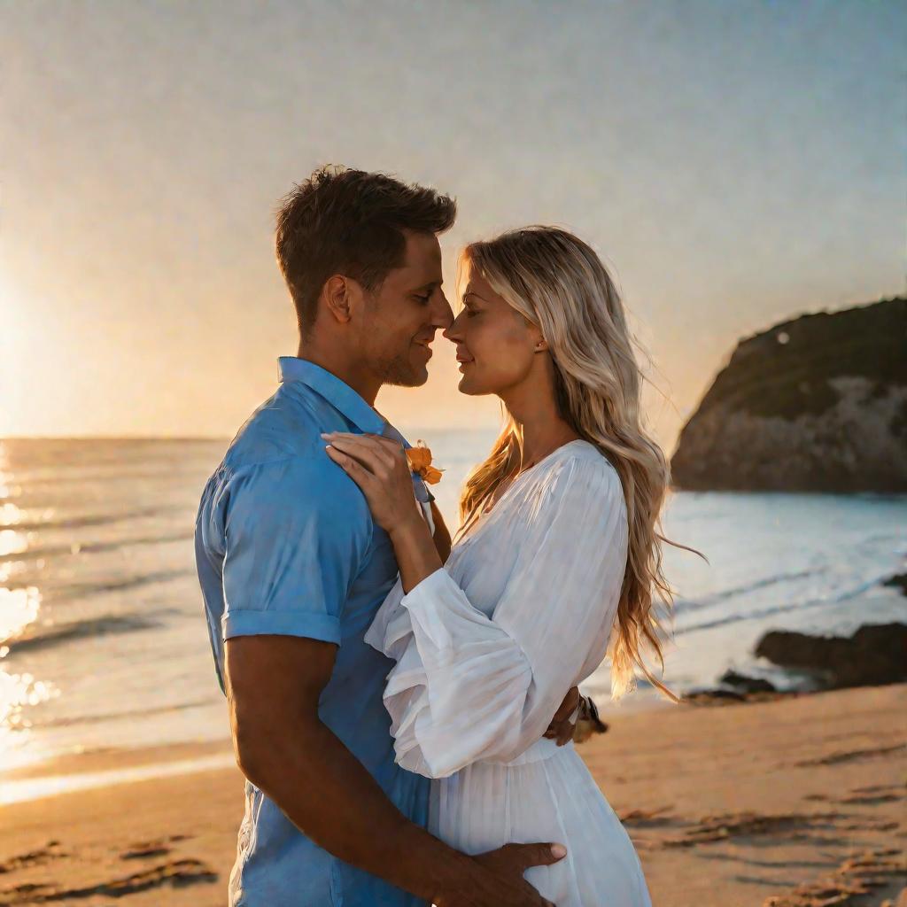 Пара, обнимающаяся на пляже на закате