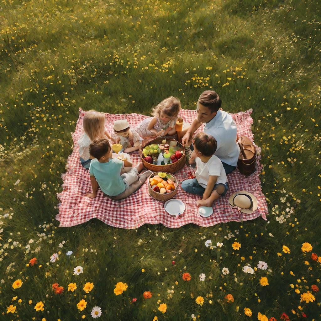 Семья на пикнике на лугу весной