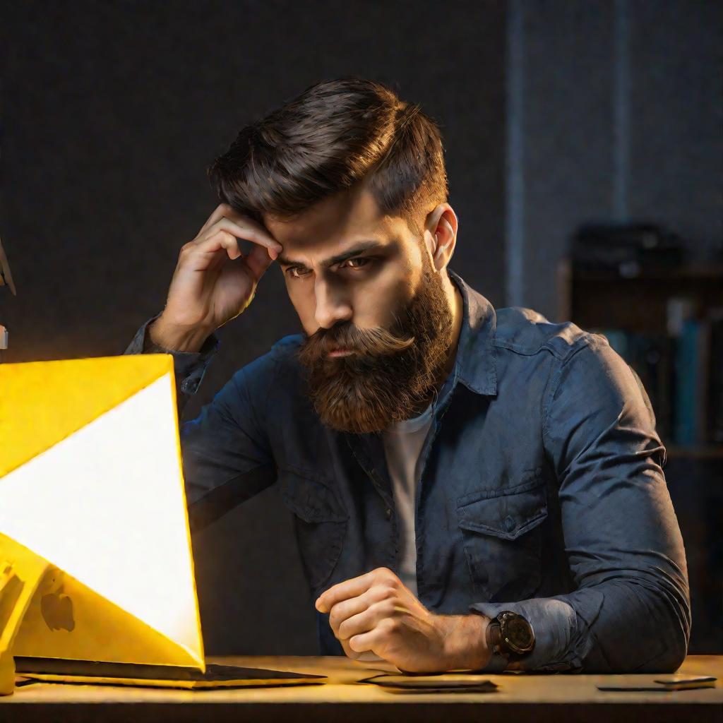 Молодой бородатый мужчина сидит за столом перед компьютером и размышляет, работая допоздна, освещенный лампой