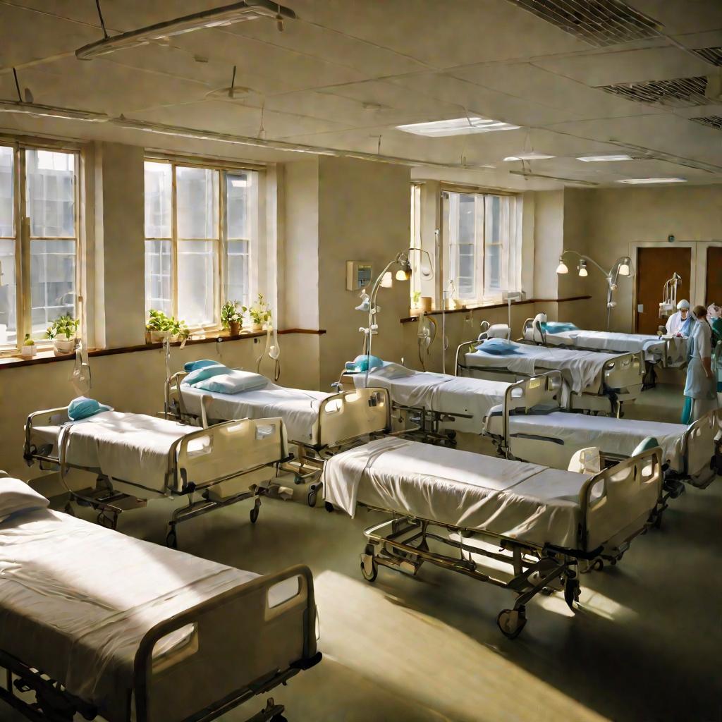 Вид сверху на занятую больничную палату с пациентами и медперсоналом в теплом освещении