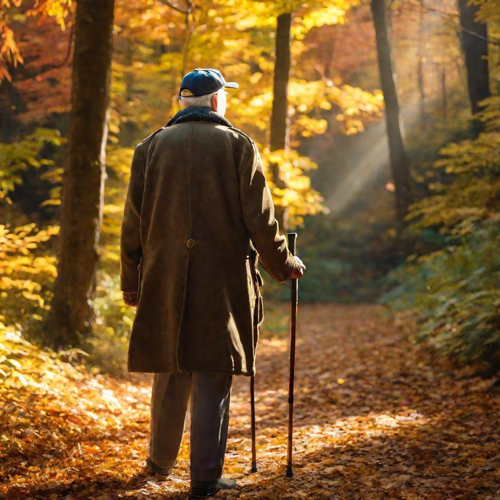 Пожилой мудрец идет по лесу осенью