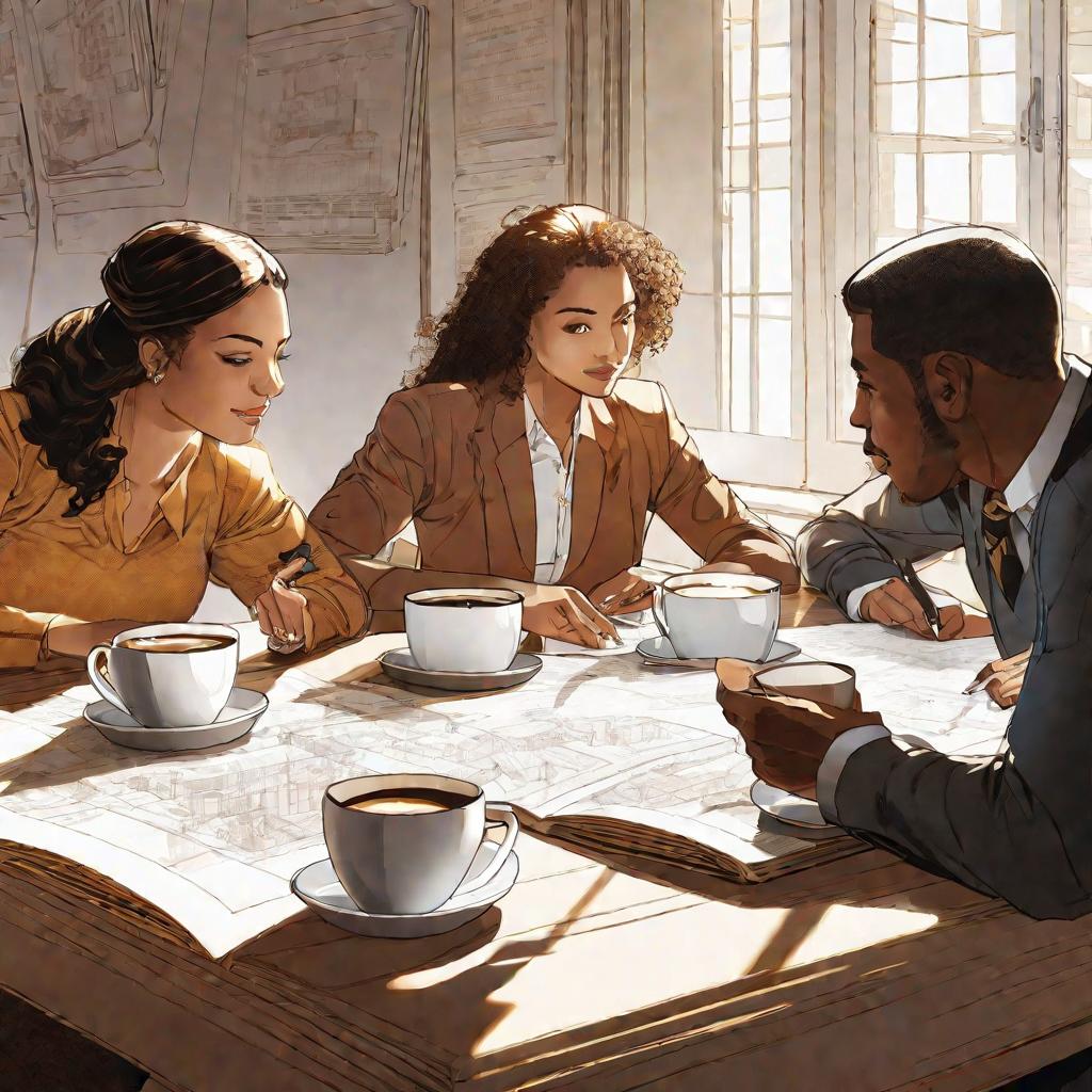 Трое людей сидят за столом, пьют кофе и о чем-то беседуют
