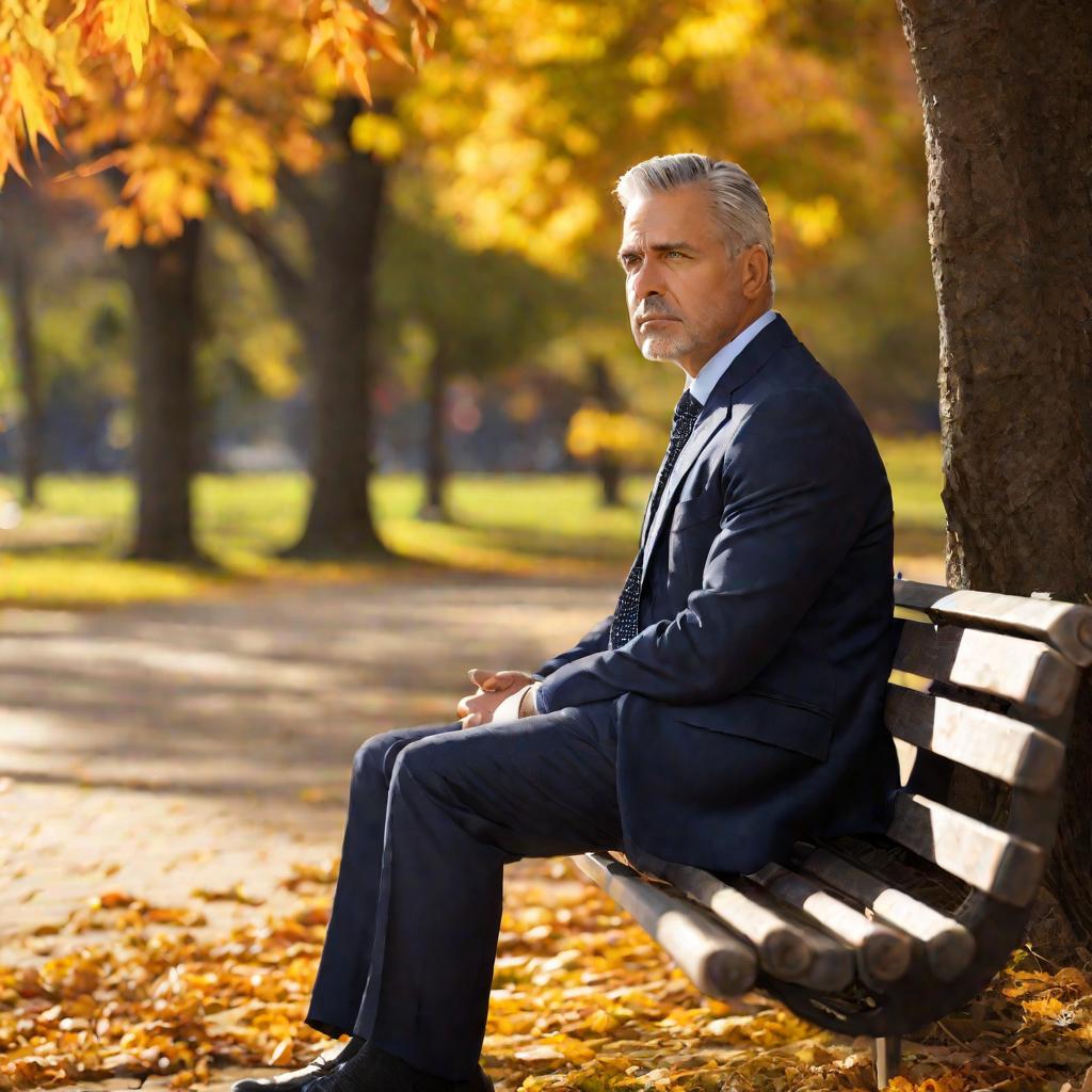 Портрет средних лет мужчины в костюме, задумчиво сидящего на солнечной скамейке в парке осенью, с портфелем рядом, размышляющего о поиске работы и карьерных возможностях после недавнего увольнения.