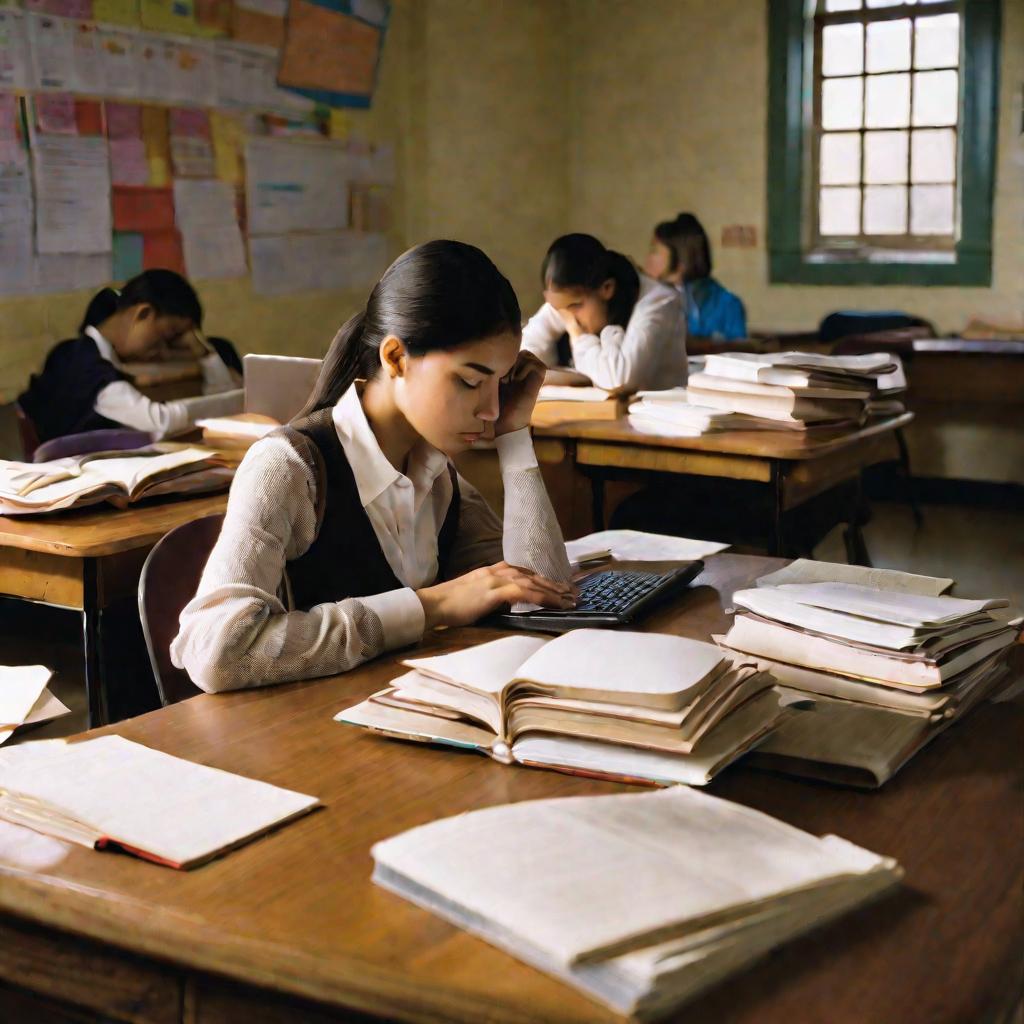 Уставшая женщина-учительница сидит в учительской после уроков в начальной школе и работает за ноутбуком