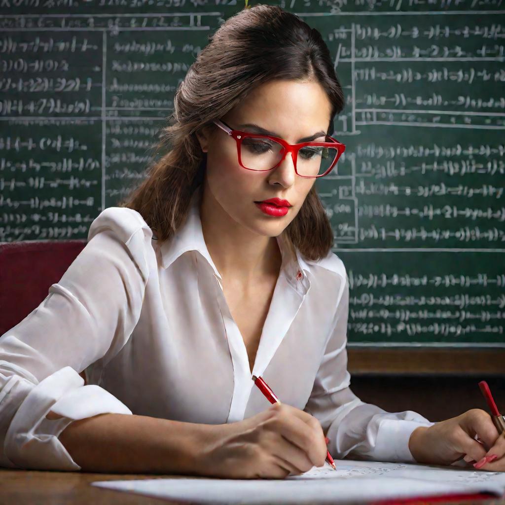 Портрет женщины в очках, решающей математическую задачу