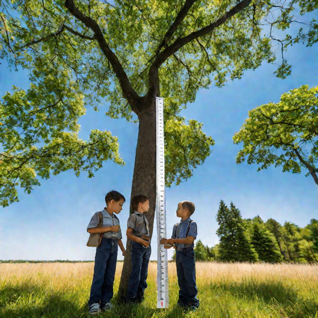мальчики сравнивают высоту деревьев линейкой