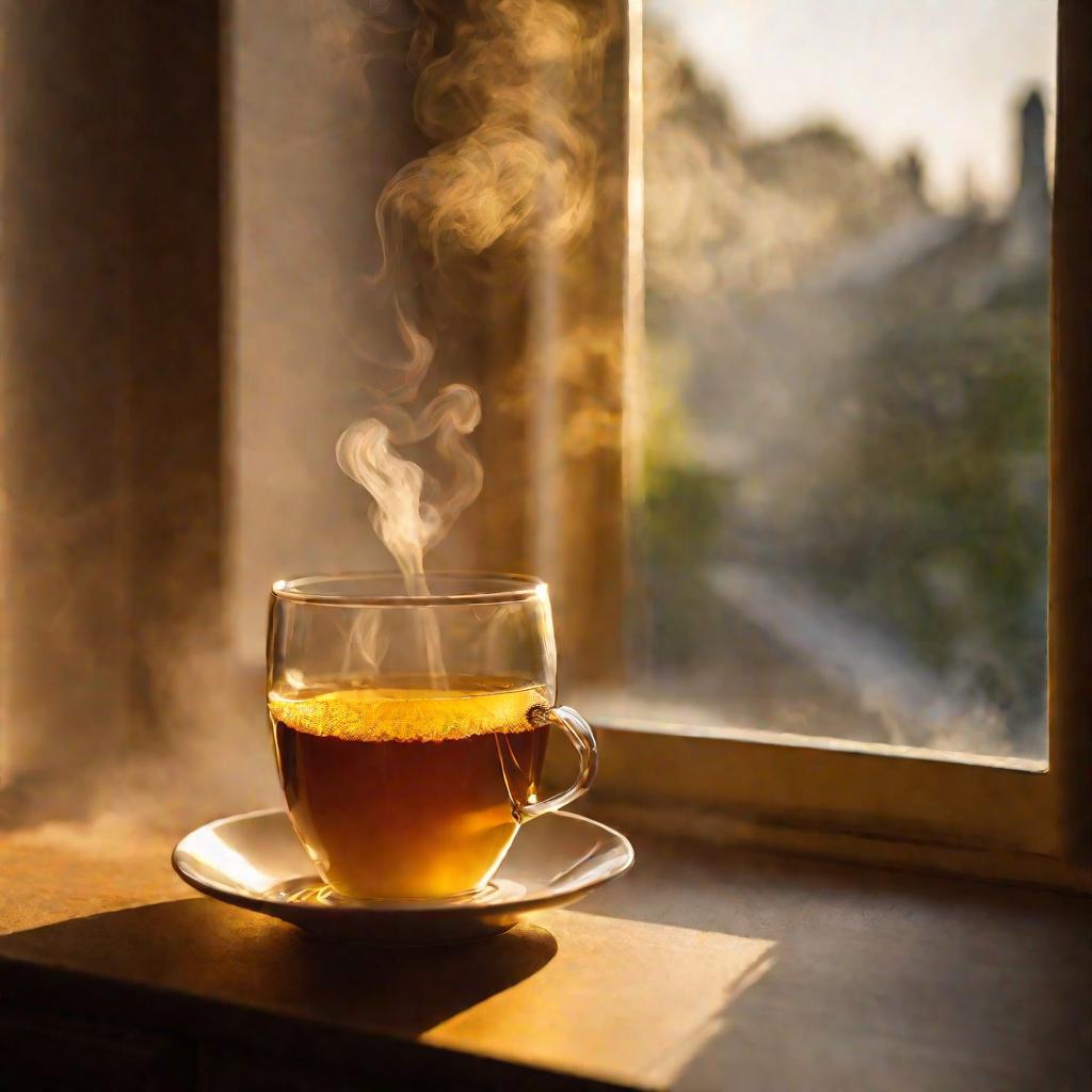 Чашка травяного чая с медом и лимоном на подоконнике в вечернем свете