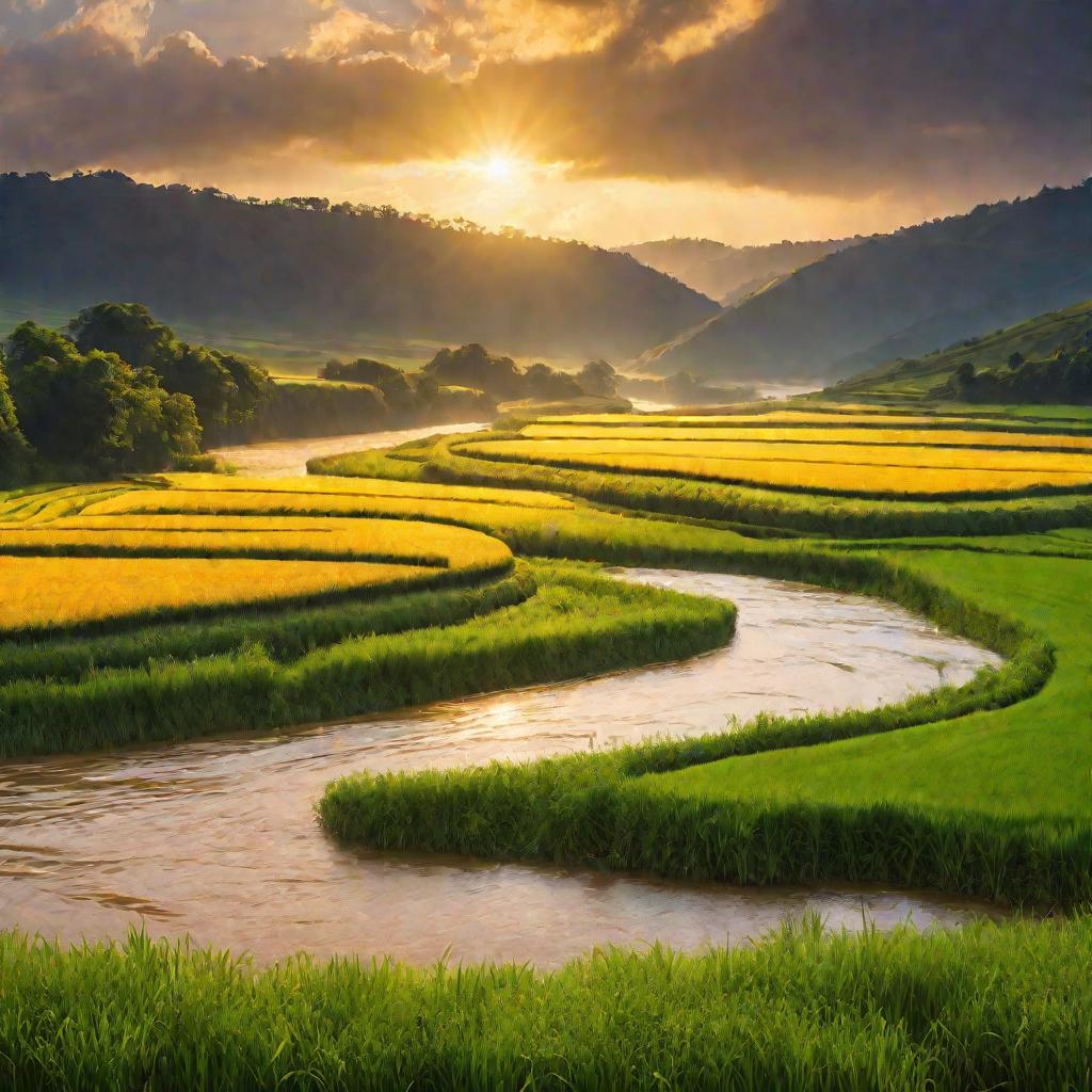 Панорама кинематографического пейзажа разлившейся от дождей реки, змеящейся между зеленых холмов и золотых полей в лучах восходящего солнца.