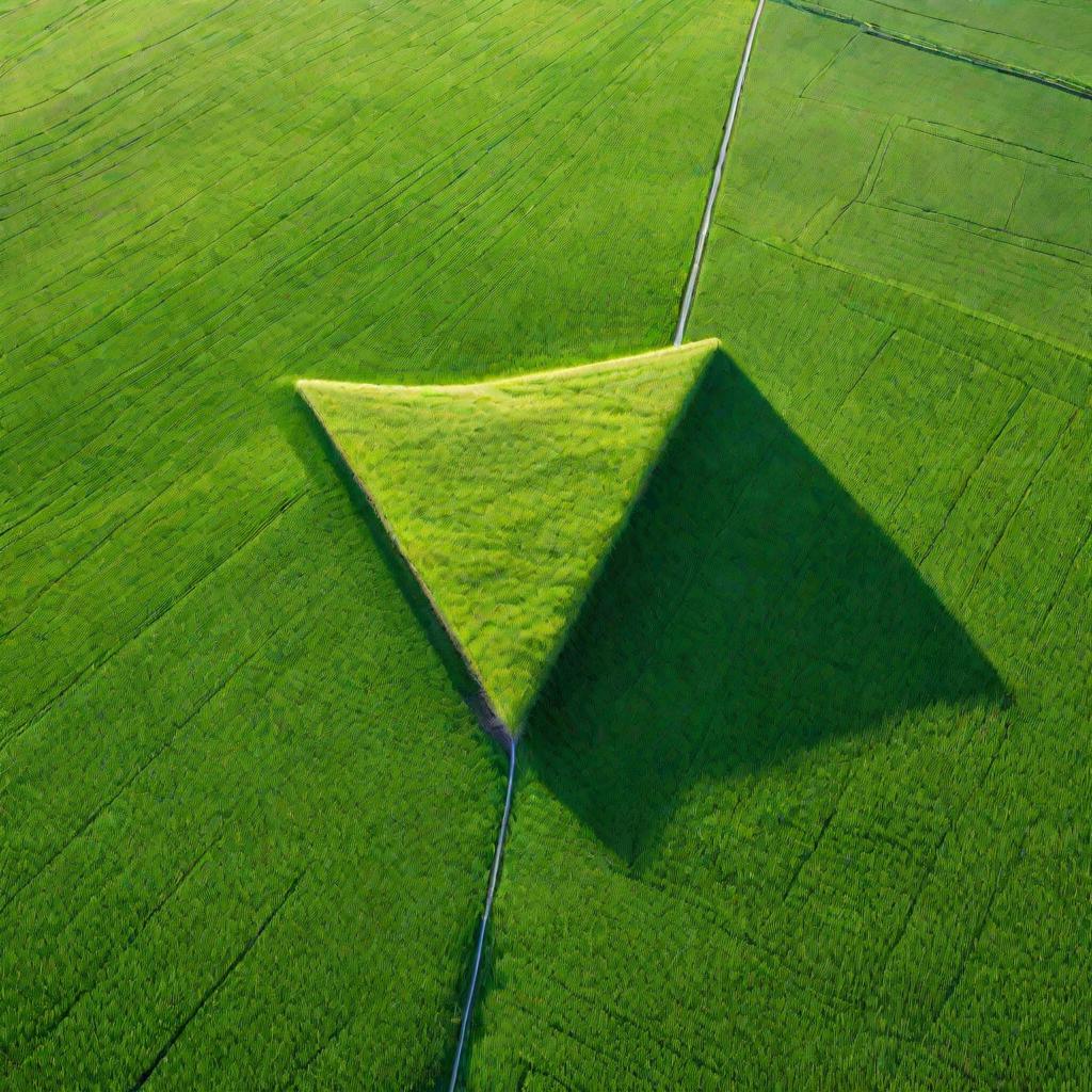 Вид сверху на большое зеленое поле с огромным ровным треугольником, вырезанным в траве. Мелкие муравьи аккуратно ползут по его краям.