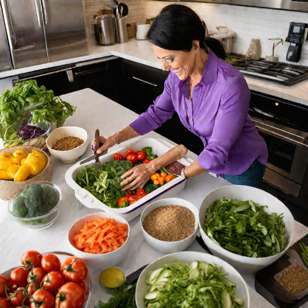 Сверху под углом снята светлая кухня с белыми шкафами, где женщина лет под пятьдесят в фиолетовой блузке, улыбаясь, нарезает овощи для салата рядом с полезными ингредиентами для ужина.