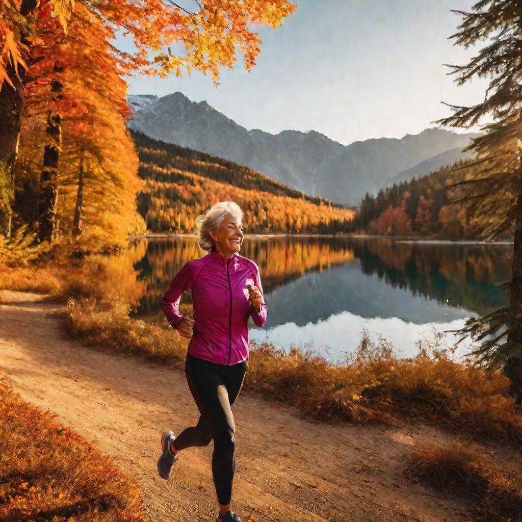 Женщина лет под пятьдесят в одиночестве радостно бежит по лесу осенью в золотой час вблизи живописного горного озера